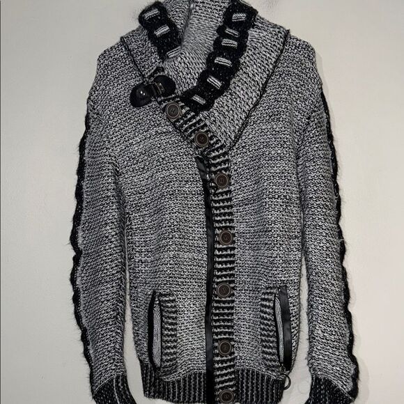 Chunky Knit Cardigan in Black and Gray with Shawl Collar - Picture 1 of 14